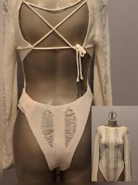 SheinBae Elegant Cream Long Sleeve Opened Ribbed Opened Tie Back Bodysuit